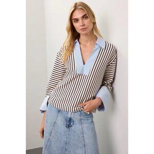 TANYA TAYLOR Women's Whitney Rugby Stripe Top Size M In Cream/Blue Bird Thin